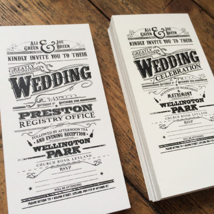 Hand made victorian style screen printed wedding invites