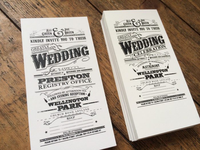 Hand made victorian style screen printed wedding invites